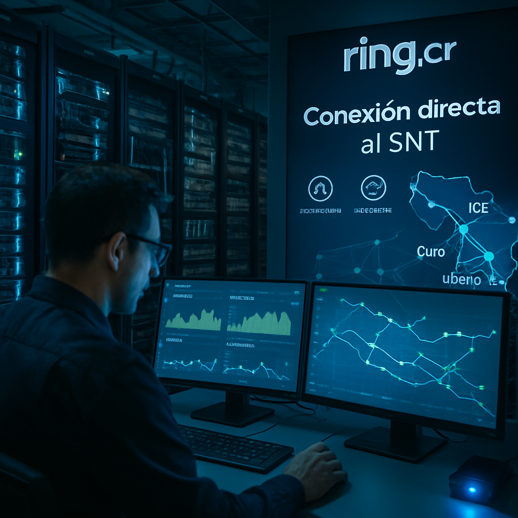 La imagen muestra un moderno centro de datos en Ringcr con filas de servidores iluminados en tonos azules y verdes En primer plano un tcnico de redes