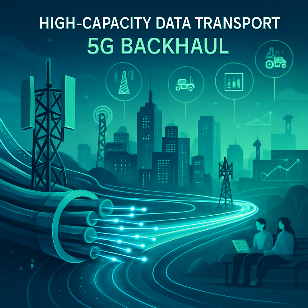 The image depicts a vibrant digital landscape illustrating the concept of highcapacity data transport for 5G backhaul connectivity In the foreground s